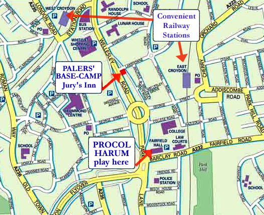 Relative locations of stations, Palers' Base Camo, and the Fairfield Halls