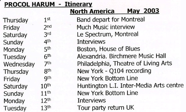 Procol Harum's tour itinerary