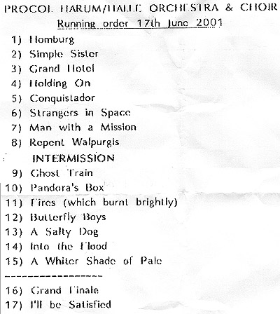 Setlist as FAXed by Gary to the Hallé on 13 June 2001